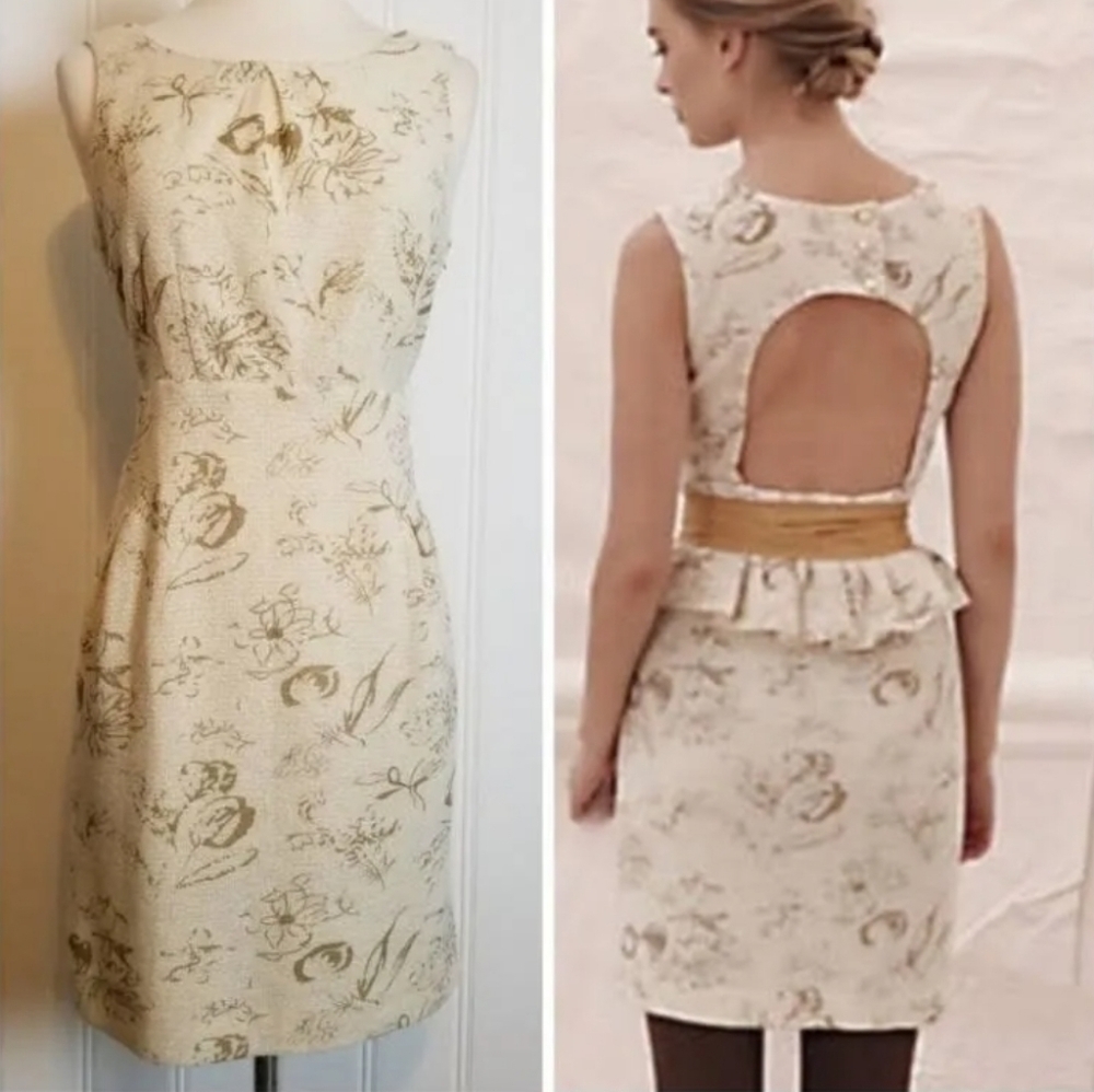 Moulinette Soeurs Cream Gold Sleeveless Dress Keyhole pleated Back peplum L 10
